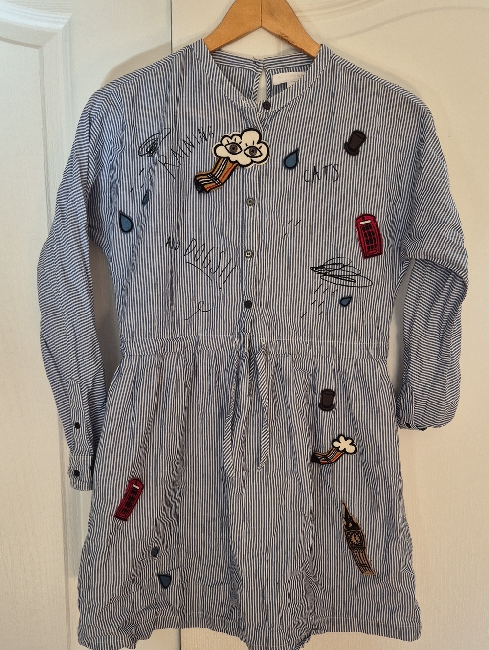 Burberry Blue & White Striped Embroidered Patch Dress